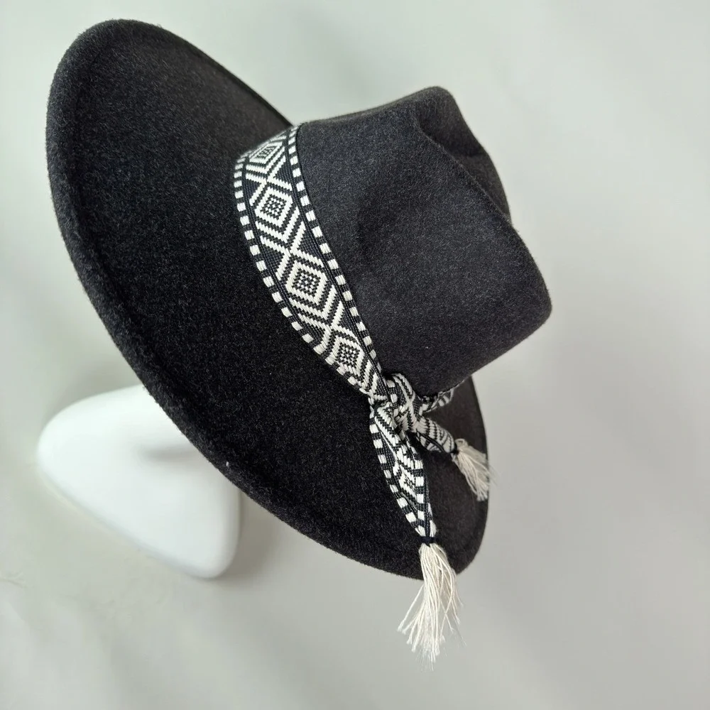Dark‎ Grey Felt Wide Brim Hat Geometric Pattern Band Tassels
